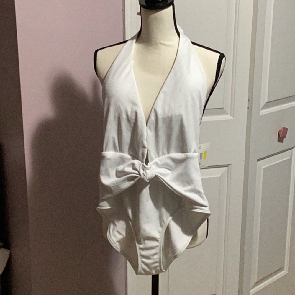 White Tie Front Backless Swimsuit